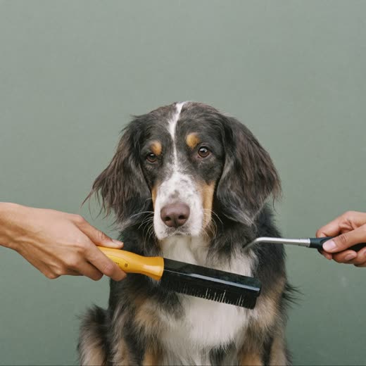 A long-haired dog being brushed through